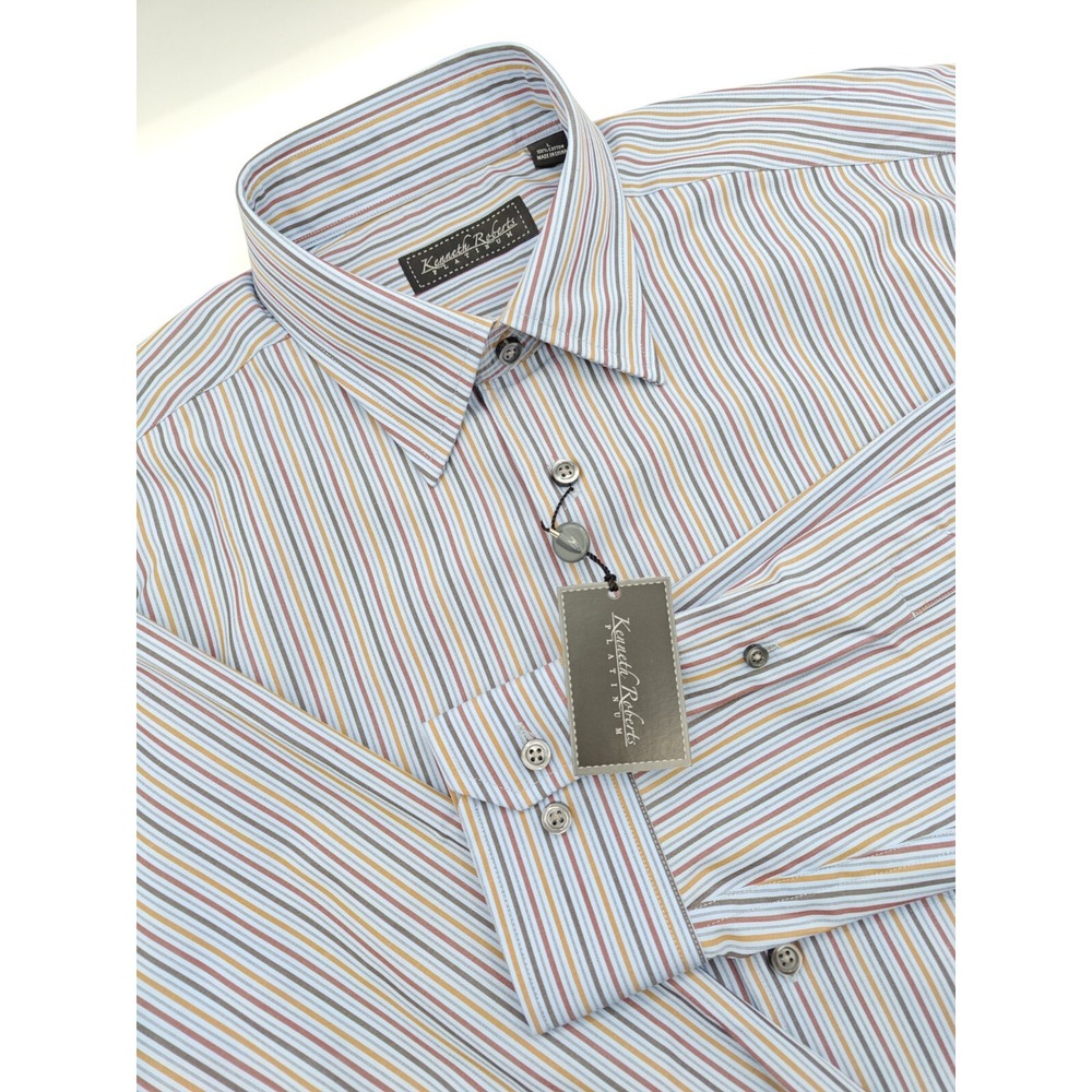 Kenneth Roberts Platinum Mens Dress Shirt L 16.5x35 Multicolor Stripe Button Up